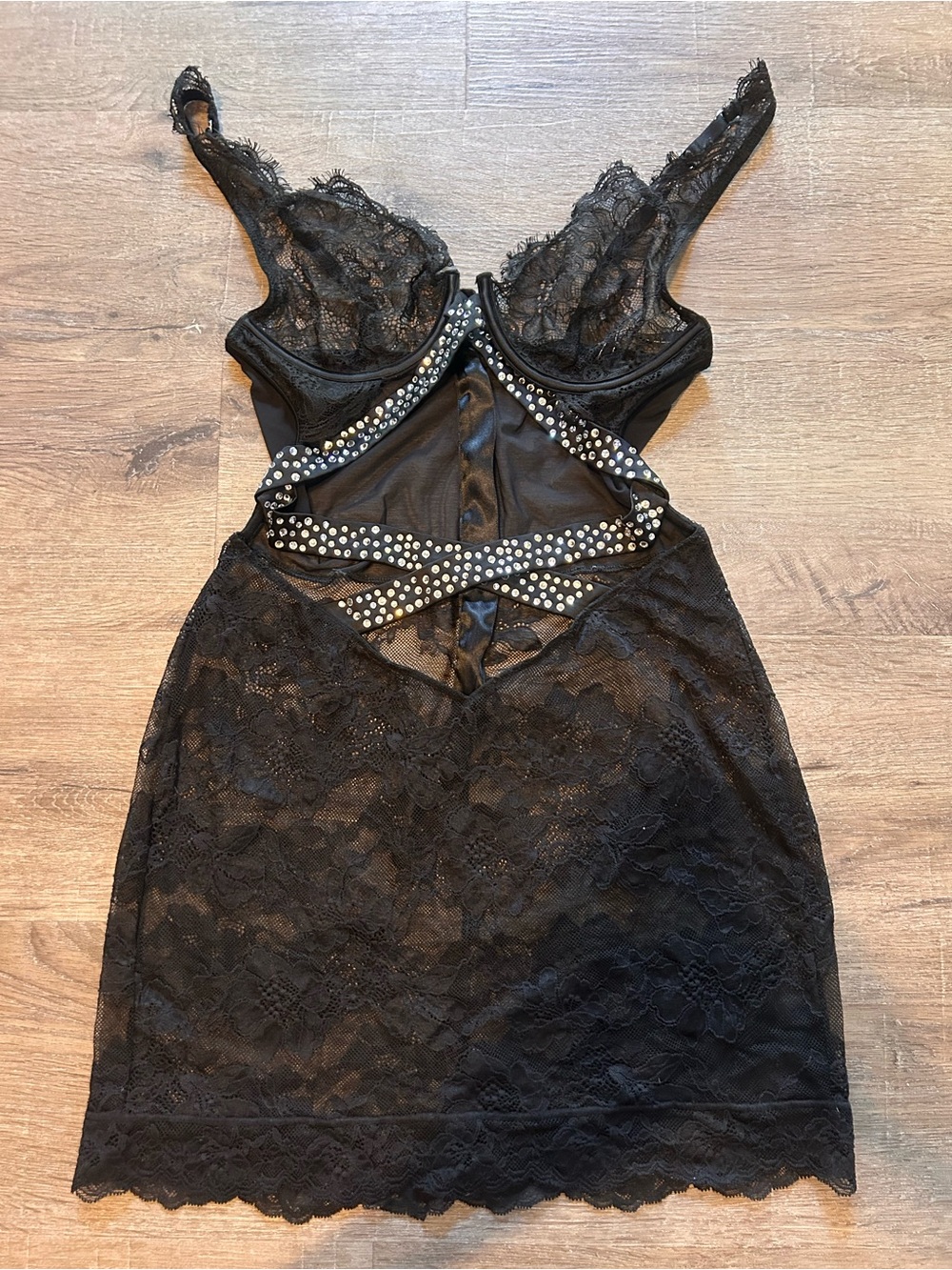 Victoria's Secret Chemise Womens M Black Lace Rhinestone Strappy Cutout